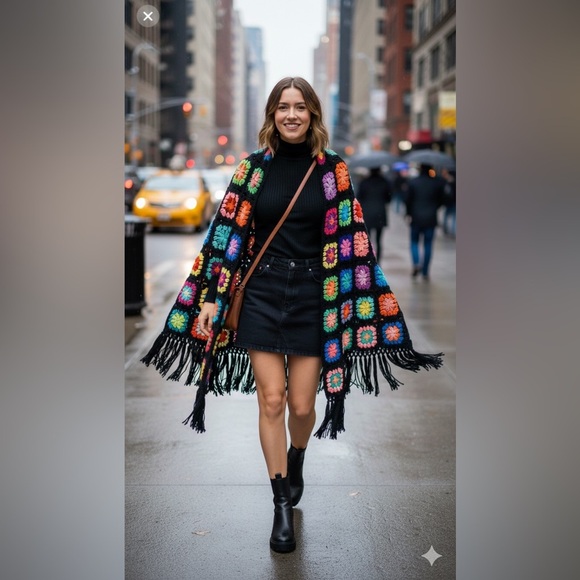 Jackets & Blazers - Vintage granny square Colorful Crochet Fringe shawl cape